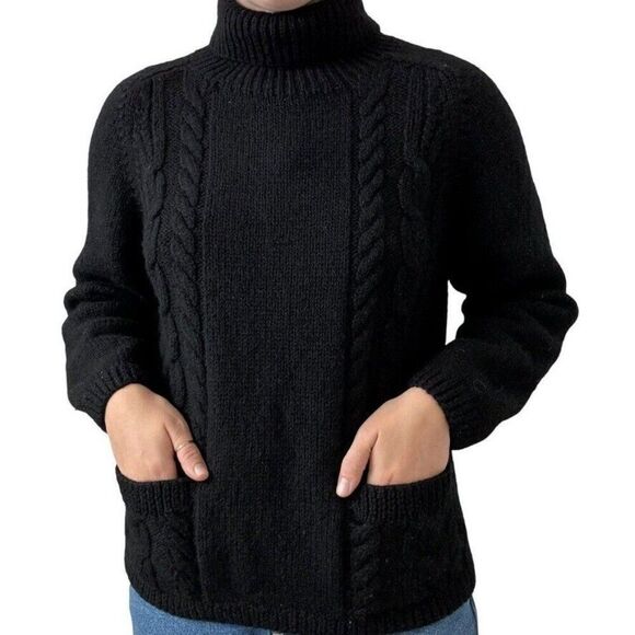 Vintage J Crew Womens 100% Wool Black Cable Knit Chunky Turtleneck Sweater Sz M - Picture 2 of 6